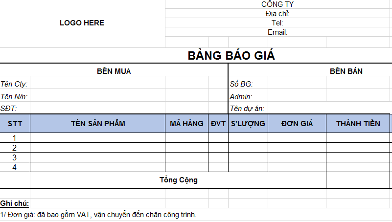 Bảng báo giá mẫu đẹp file Excel xem và tải trực tiếp - Hoàng Minh ...