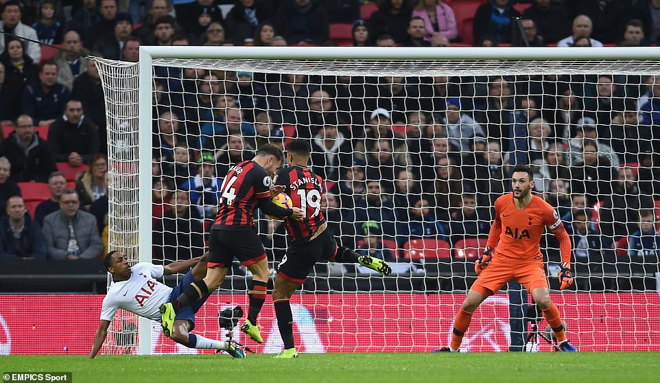 Bournemouth winger Ryan Fraser (left) heads the ball into team-mate Junior Stanislas with the game still goalless