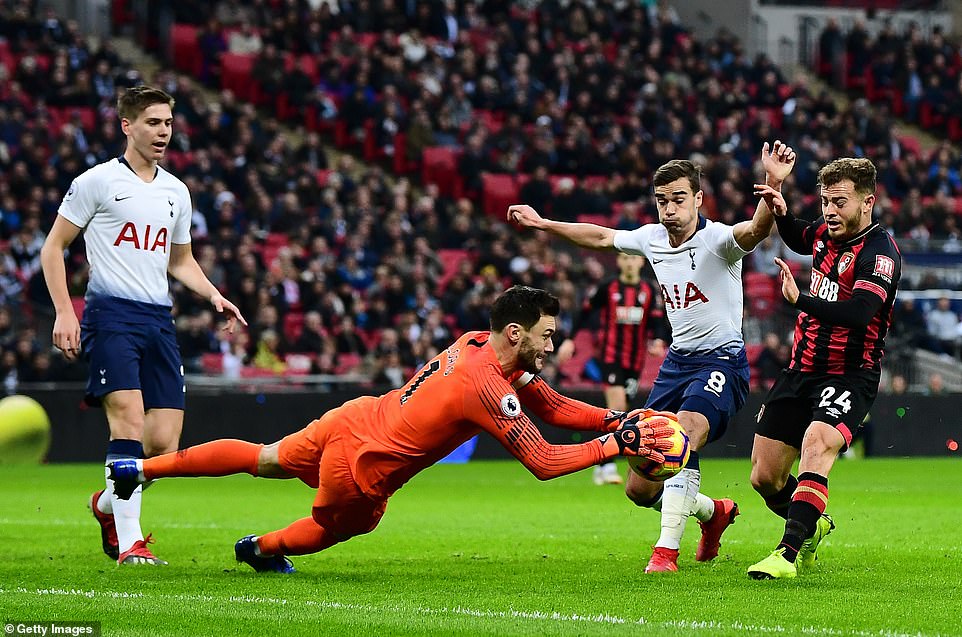 Tottenham goalkeeper Hugo Lloris dives to collect the ball at the feet of Bournemouth winger Ryan Fraser