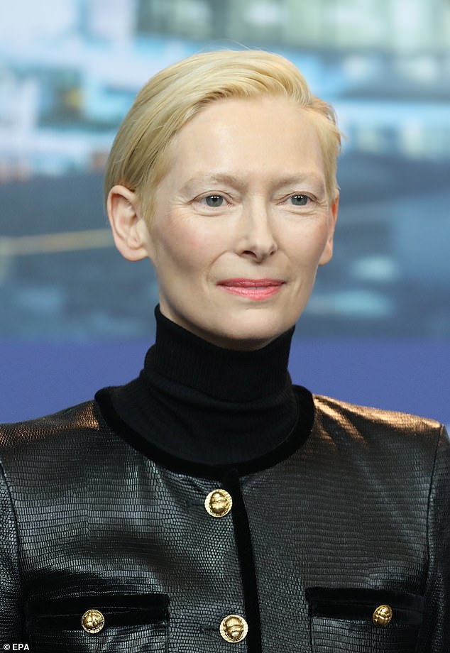 Stunning: Tilda was gazing into the distance as she showed off her ageless complexion 