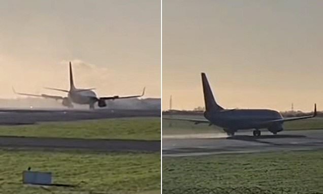 Dramatic moment plane suddenly slams on the brakes while speeding down Manchester Airport