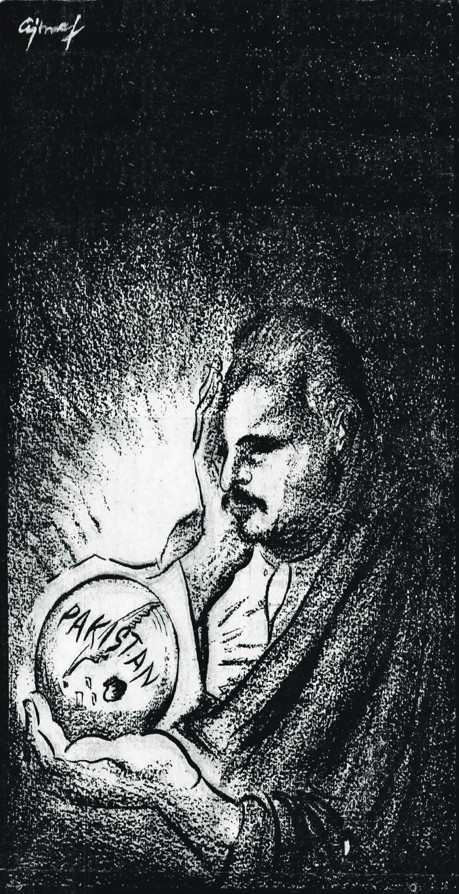 A sketch by renowned artist Ajmal Hussain depicting the man, Allama Iqbal, and his dream, Pakistan. Ajmal was the nephew of Altaf Hussain, the first editor of *Dawn* Karachi in which the illustration was published on April 21, 1948, marking the 10th anniversary of the death of Allama Iqbal.