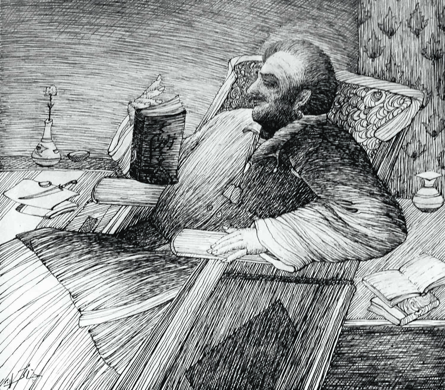 Inspired by a quatrain from Dana-i-Raaz, Chughtai etched a powerful portrait of Iqbal (above) reading through Zabur-i-Ajam, a volume of his poems.