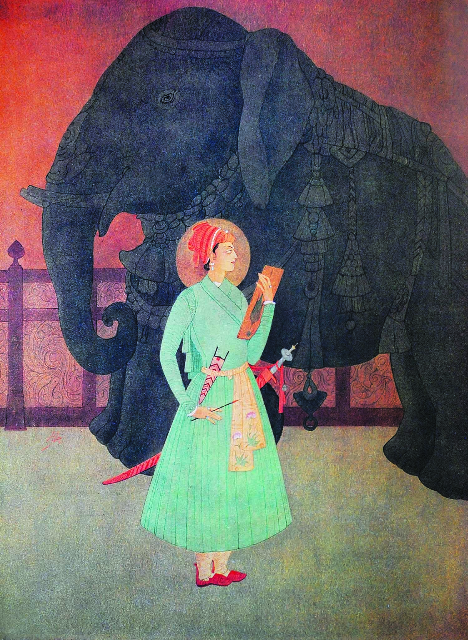 *Appear, O Rider of Destiny!/ Appear, O light of the dark realm ofchange,/ Silence the noise of the nations;/ Impress upon our ears thy music;/ Arise and tune the Harp of Brotherhood,/ Give us back the cup of the Wine of Love.* Chughtai’s historical painting *Prince Salim* represents a confluence of the well-honed aesthetic of his own Chagatai Mongol heritage and that of the lineage of the Tartar Mughals represented by Prince Salim, who stands before the sculpture of an elephant with characteristic elegance.