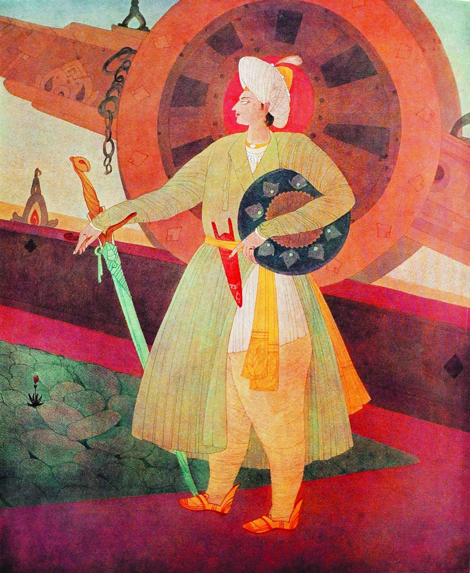 *Like eagles, should be thy life, thy death,/ Eternity lies in the breath of life,/ I do not seek to discover its length. What is Eternity’s law and principle? The single breath of a tiger/ Is better than a century lived by a sheep.* In Tipu’s magnificent watercolour, *Sultan Shaheed*, Chughtai captures the valour in war of this much-admired monarch, who chose to live the life of a tiger in preference to the mundane drudgery represented by the life of a sheep.