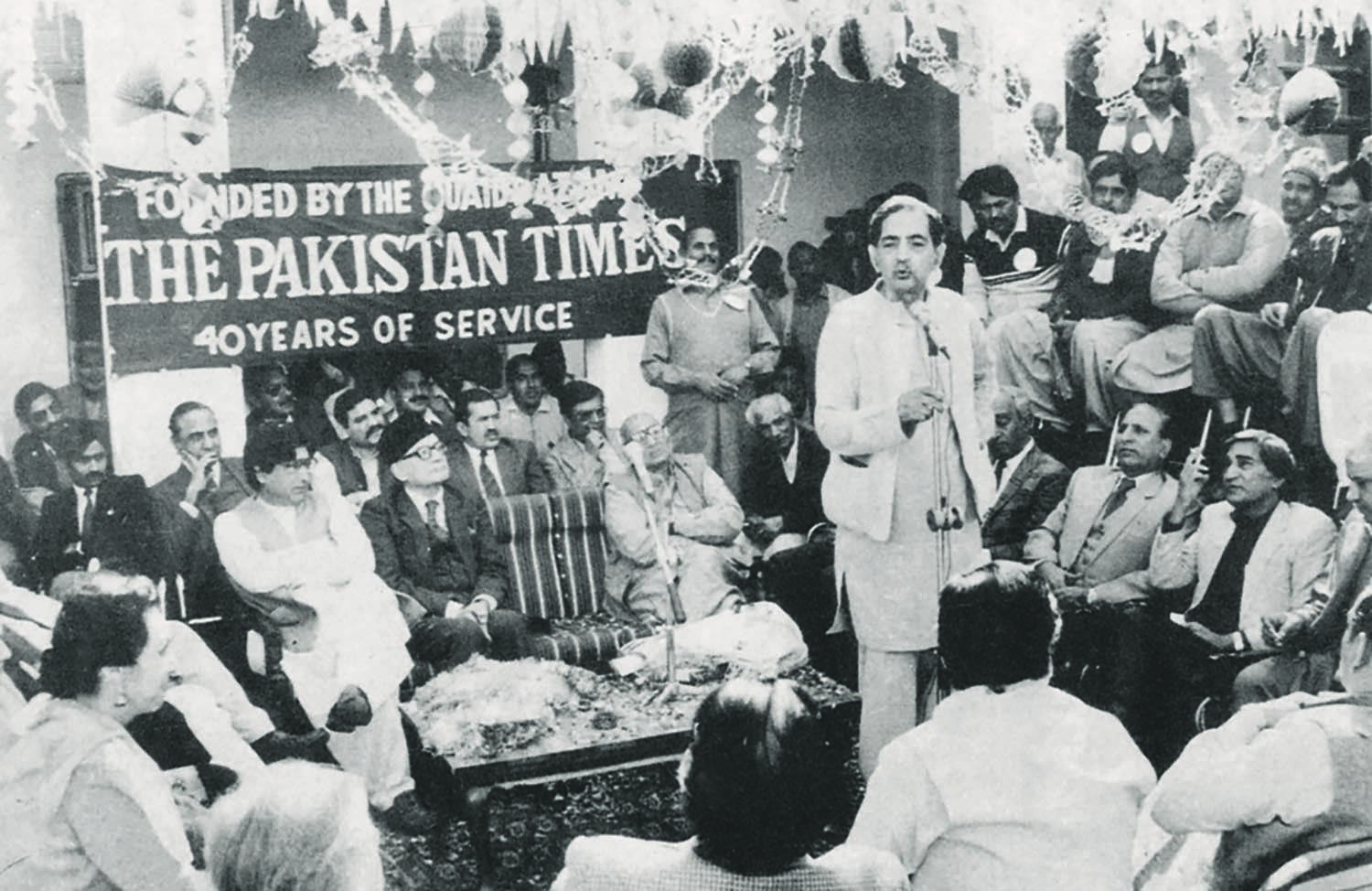 Mazhar Ali Khan addressing members of *Pakistan Times* staff at a reception (above) to mark four decades of his service. | Photo: Mazhar Ali Khan Family Archives