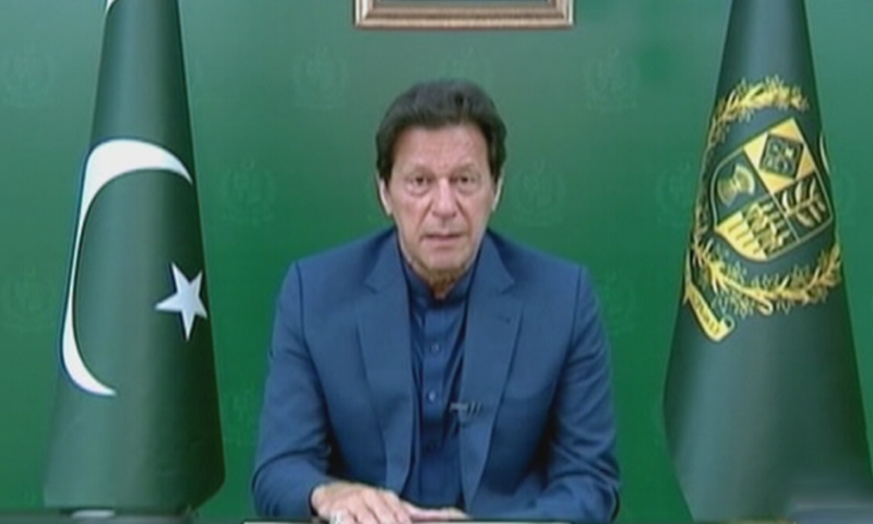 Prime Minister Imran Khan addresses the nation on Monday. — DawnNewsTV