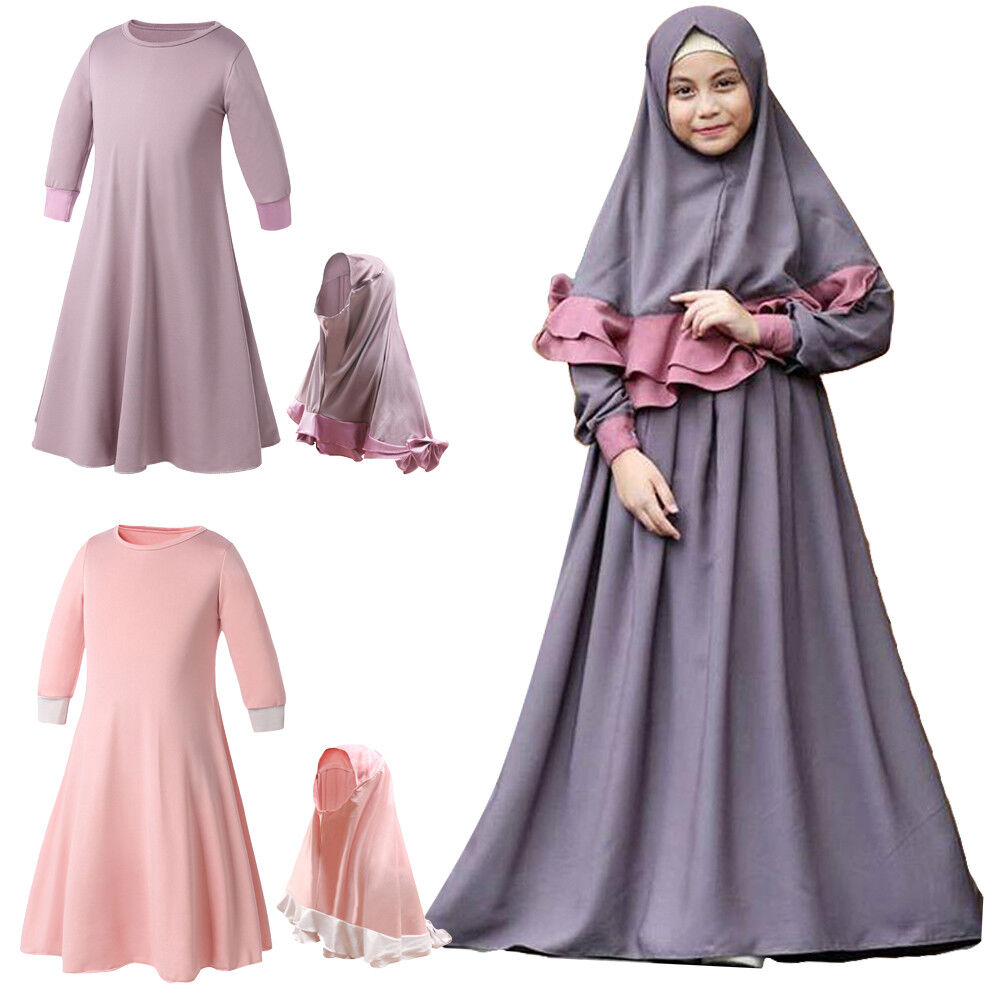 Arab Kids Girl Long Dress Muslim Hijab Islamic Abaya Set Kaftan Caftan ...