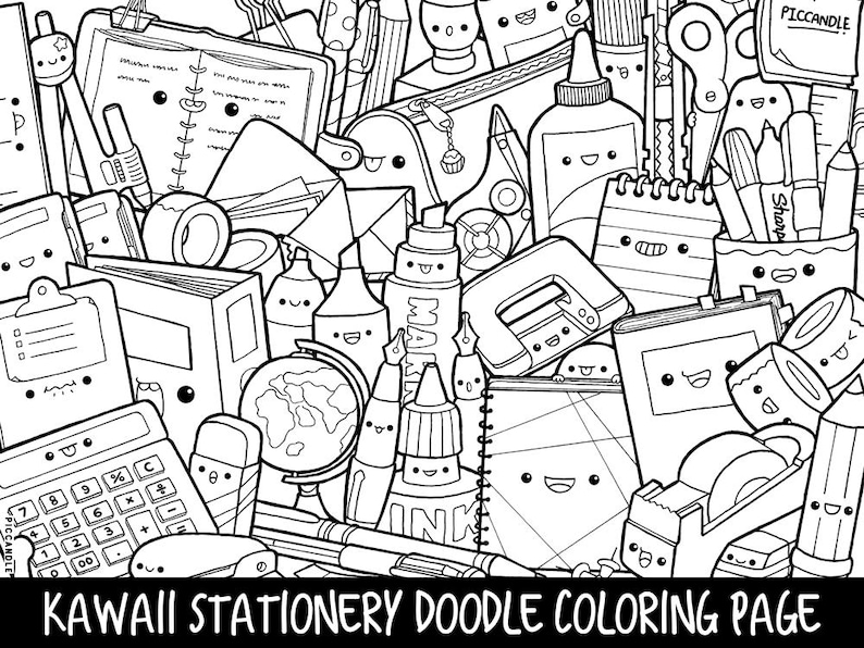 Stationery Doodle Coloring Page Printable Cute/Kawaii | Etsy