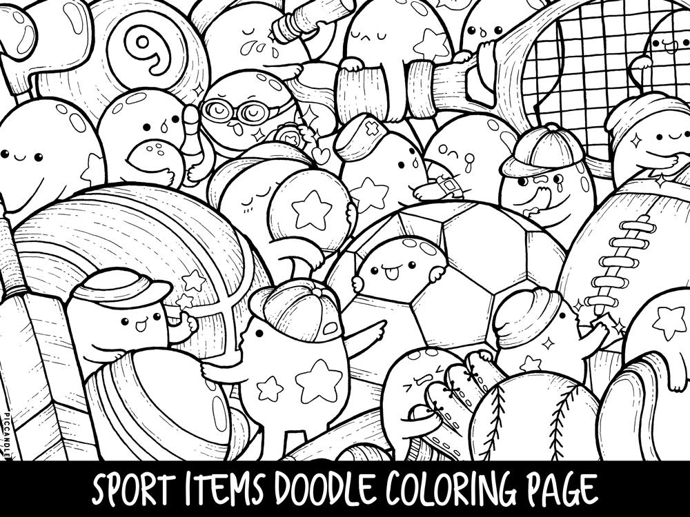 Sport Items Doodle Coloring Page Printable Cute/Kawaii | Etsy