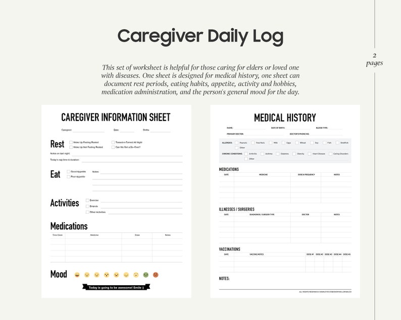 Caregiver Worksheet Wellness Recording, Medication Log, Health ...