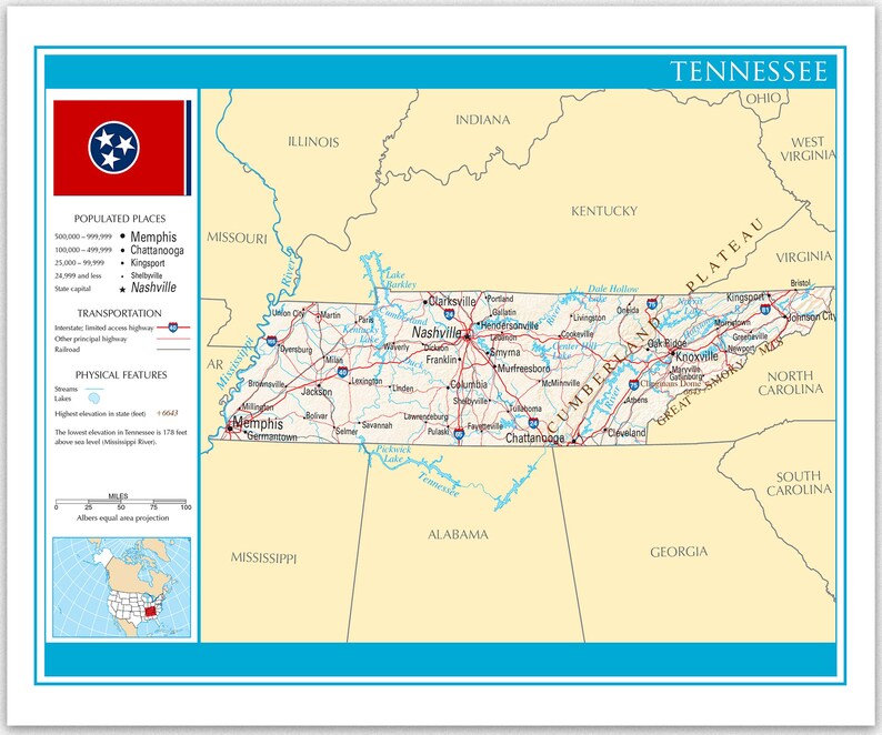 Tennessee Map Detailed Map of Tennessee State Tennessee Geography Wall ...