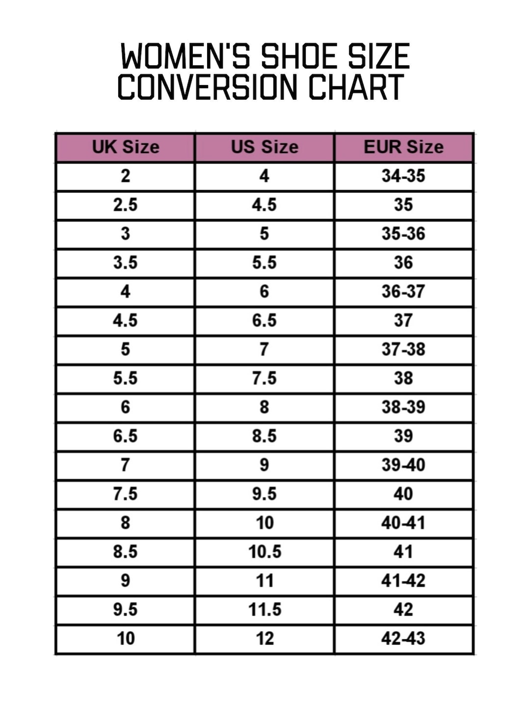 Women's Shoe Size Conversion Chart, Shoe Guide, Size Guide, Instant ...