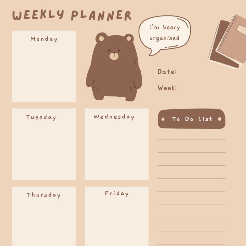 Printable Bear Weekly Planner - Etsy