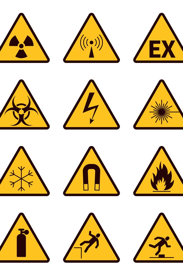 Warning signs. Yellow triangle alerts symbols, attention che