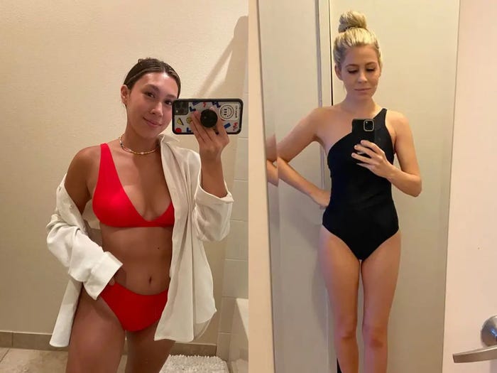 side by side mirror pics in summersalt one-pieces