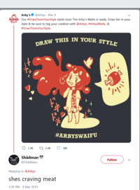 Arby's@Arbys Mar 8 Our #DrawThisInYourStyle starts now! The Arby's Waifu is ready. Draw her in your style & be sure to tag your creation with @Arbys. #ArbysWaifu, & #DrawThisInYourStyle ArbyS AW THIS IN YOUR STY #ARBYSwAIFU 1.4K t 2.4K 10K Shadman @Shadbase Follow Replying to @Arbys shes craving meat 5:38 PM-8 Mar 2019