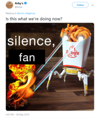 Arby's Follow rb @Arbys Replying to @sonic hedgehog Is this what we're doing now? silence, fan 3:02 PM - 29 May 2019