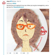 Arby's @Arbys Oct 10 Arby's Replying to @Saki Sounds like you're eating for two now. When you've got an emergence-y, we've got your fix. #MakeMySandwich rby's t883 100 6.5K #Mate MySan