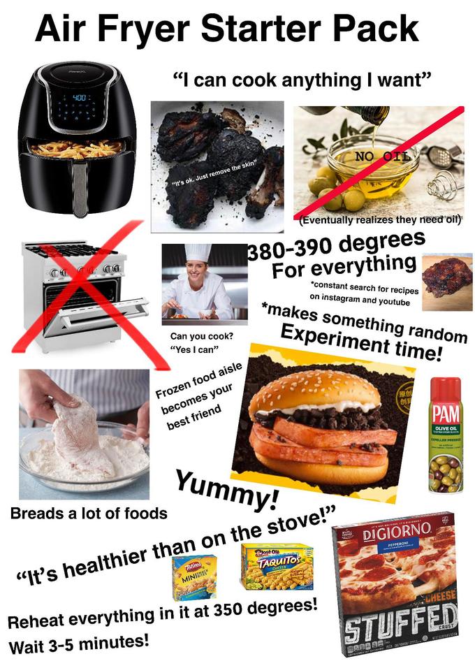 Air Fryer Starter Pack Power>cL "I can cook anything I want" 400 : NO OIL "It's ok. Just remove the skin" (Eventually realizes they need oil) 380-390 degrees For everything HD DD DD *constant search for recipes on instagram and youtube *makes something random Can you cook? "Yes I can" Experiment time! Frozen food aisle becomes your 原创 创身 best friend PAM OLIVE OIL ENTRA VIRGIN OUVE OL EXPELLER PRESSED Euratives nevors er Yummy! Breads a lot of foods "It's healthier than on the stove!" TAQUITOS REAL IT'E MOT DELIVERY. ITSBIGIONNO DIGIORNO. José Olé CHKKEN MINIEMAS Crispy Reheat everything in it at 350 degrees! LHEESE Wait 3-5 minutes! STUFFED CRUST