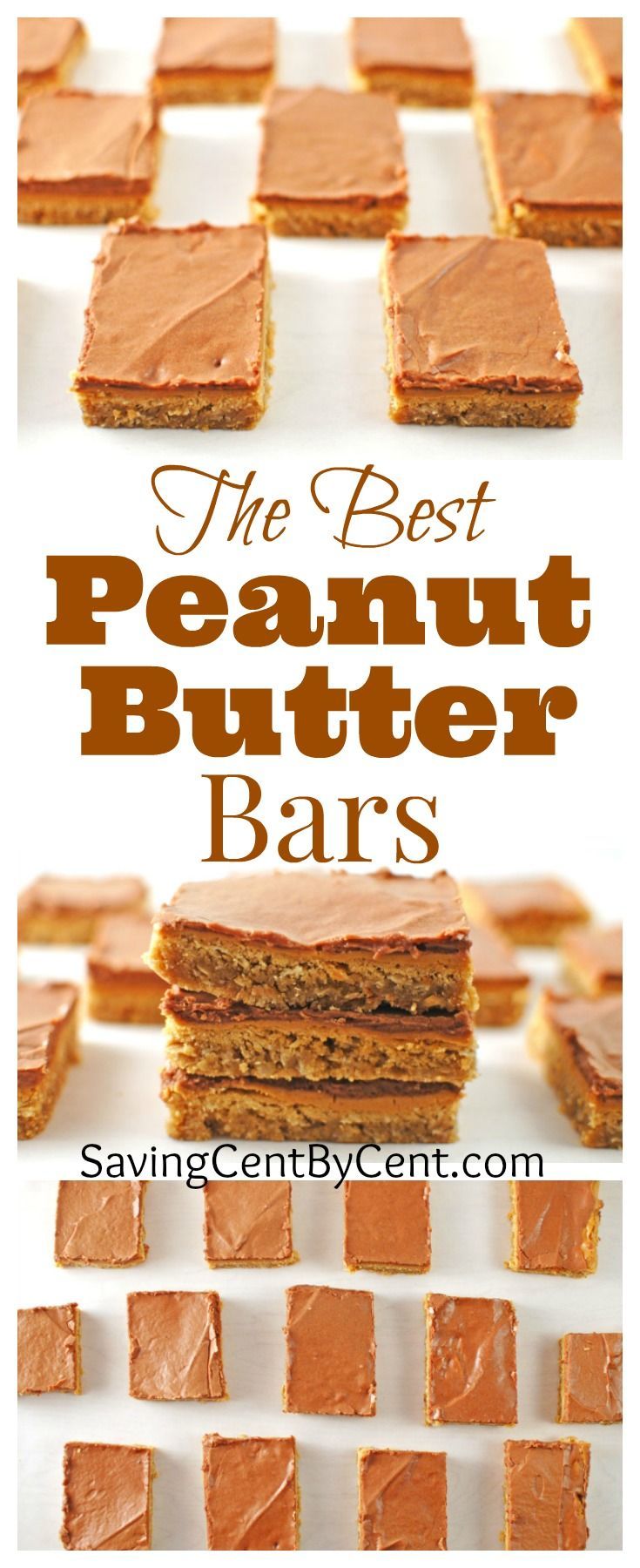 peanut butter bars stacked on top of each other with the words, the ...