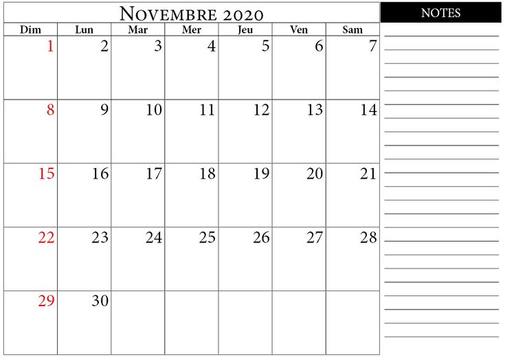 Calendrier novembre 2020 imprimable avec notes | Calendario en blanco ...