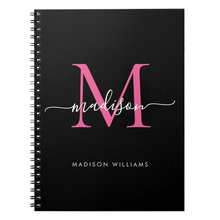 Girly Black Hot Pink Monogram Script Name Initial Notebook | Zazzle ...