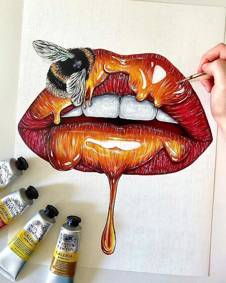 a drawing of a woman's lips with a honey dripping from the lip and bees ...