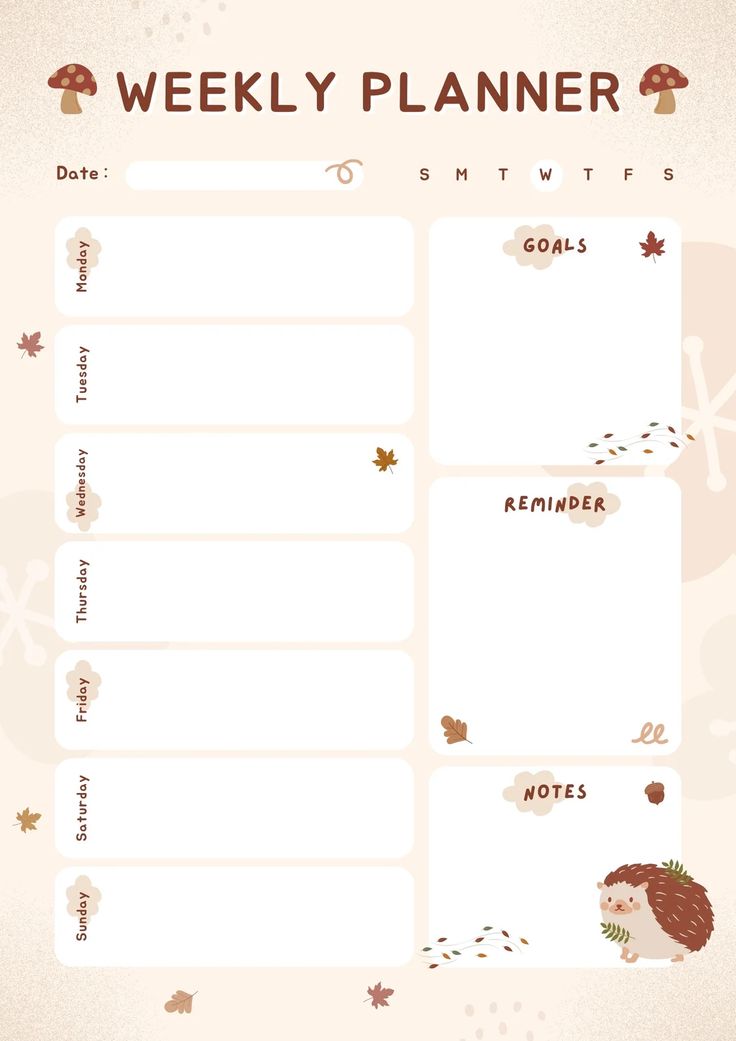 Beige and Brown Illustrated Cute Autumn Weekly Planner A4 | Weekly ...