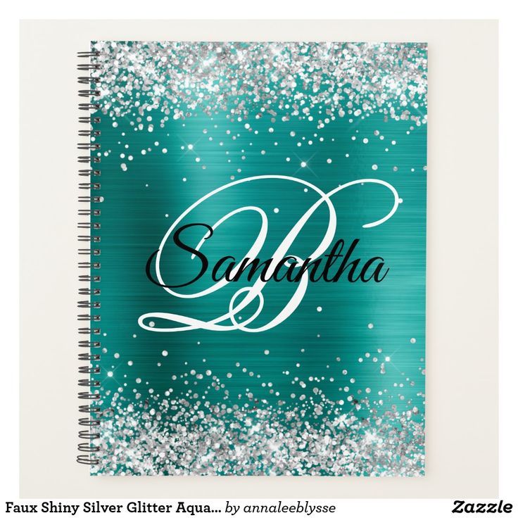 Faux Shiny Silver Glitter Aqua Teal Foil Monogram Planner | Zazzle ...