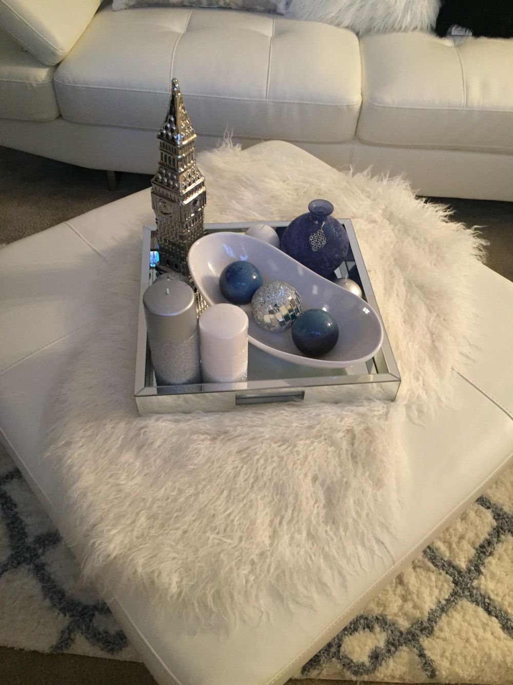 Serving tray on ottoman candles Ottoman in living room, Ottoman decor