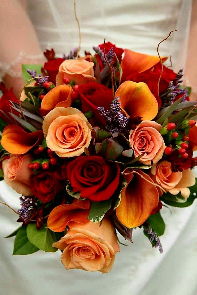 Fall/Autumn Bridal Bouquet Showcasing: Red Roses, Peach Roses, Flame ...