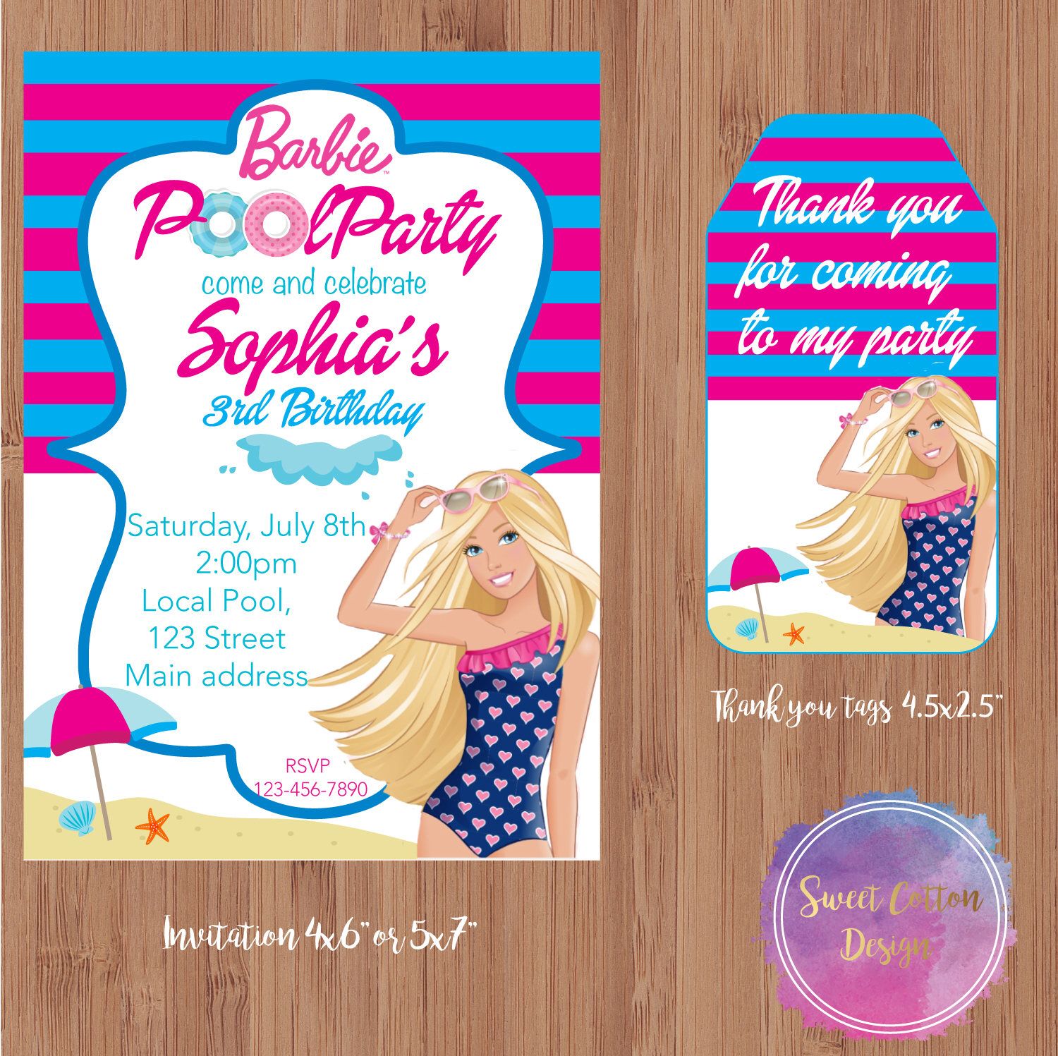 Barbie Pool Party/ Barbie invitation /Barbie with thank you tags by ...