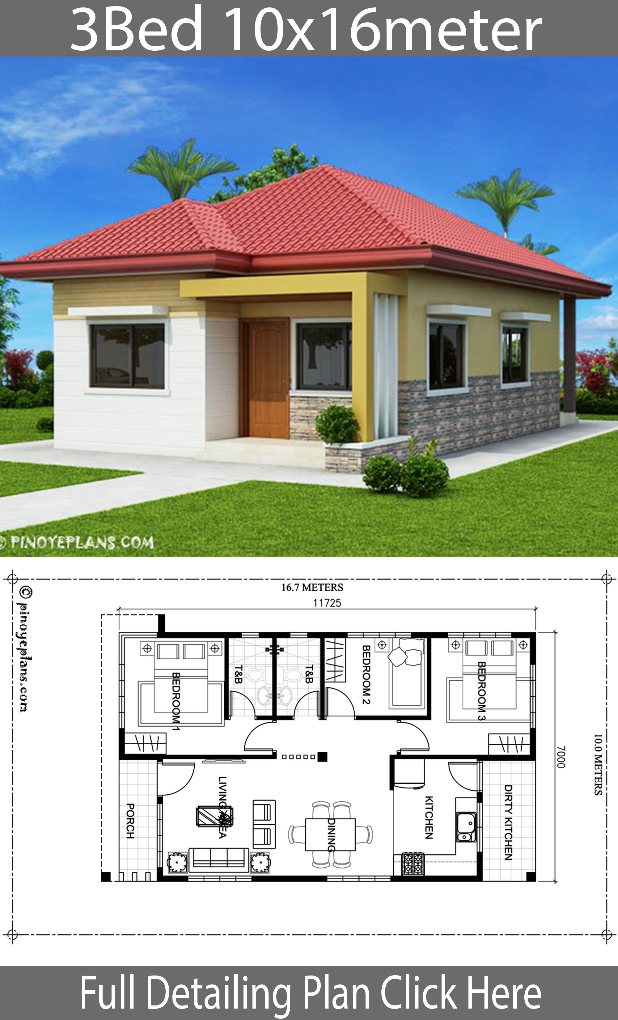 Home Design 10x16m With 3 Bedrooms - House Plan Map A2D