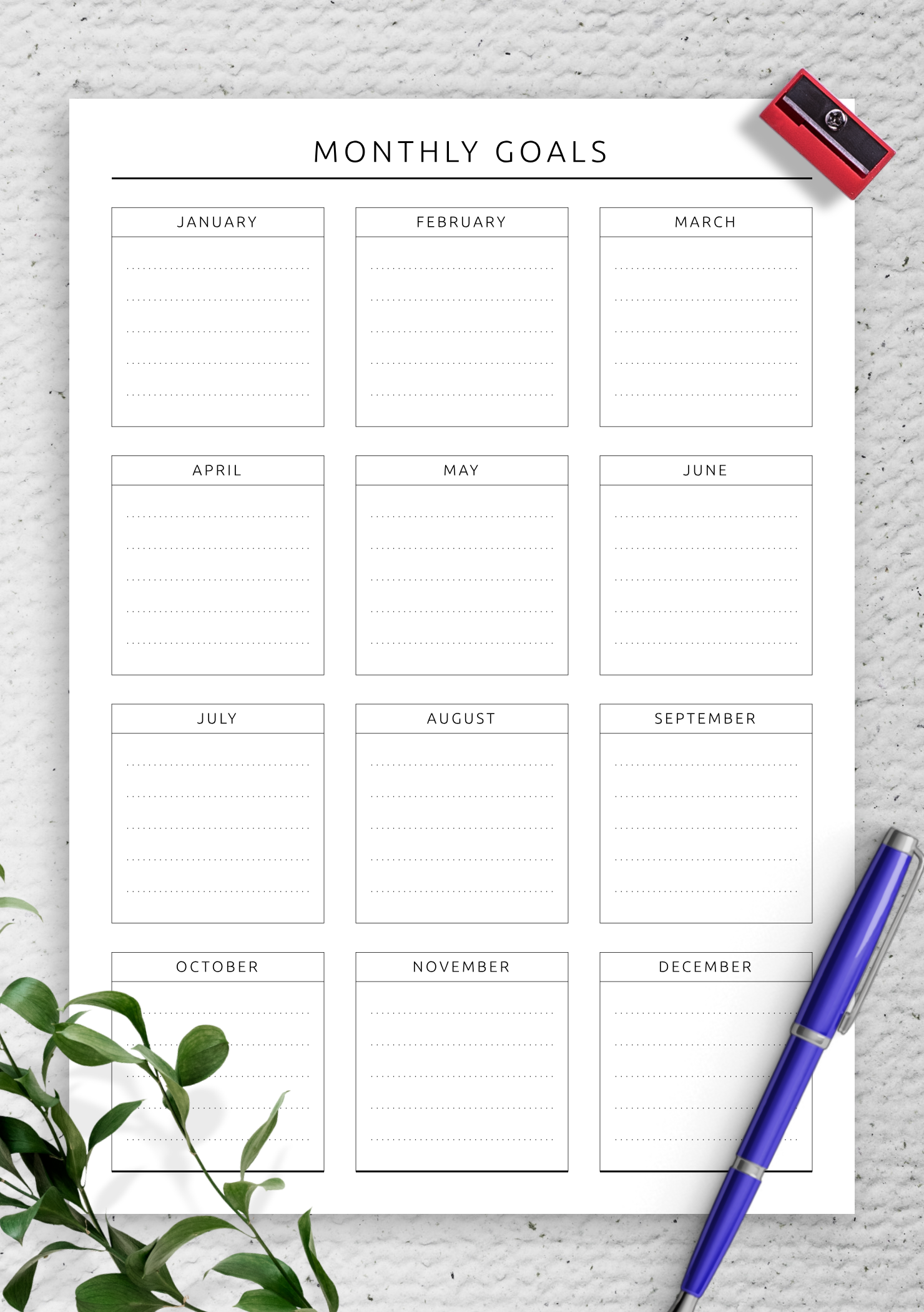 Simple goal setting template with 12 months on-page. Write down your ...