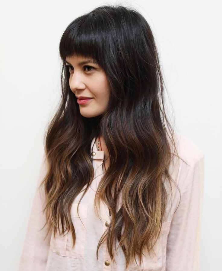 Long Brown Ombre Hair With Arched Bangs Layered Haircuts With Bangs ...