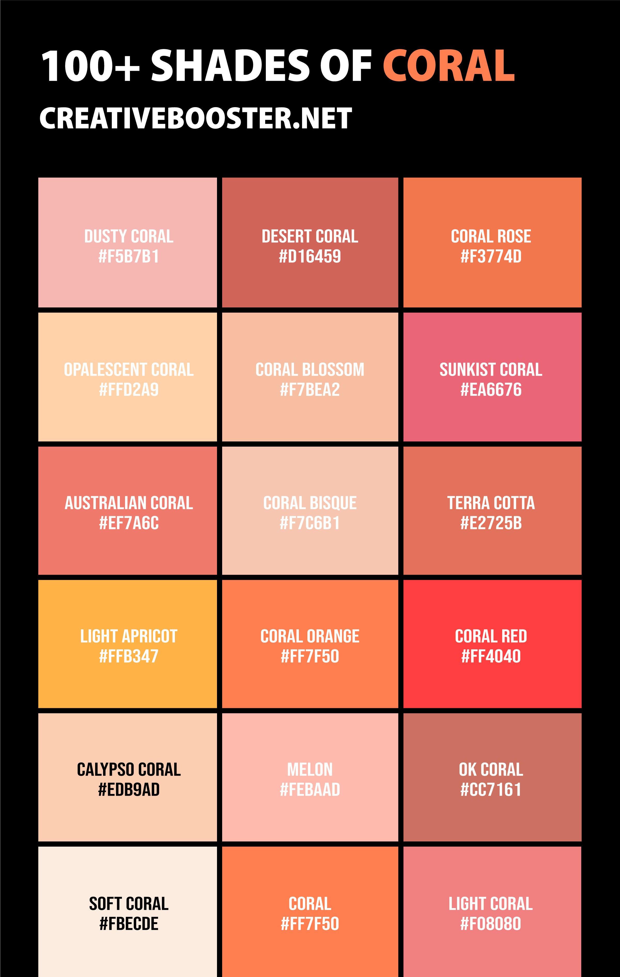 100+ Shades of Coral Color (Names, HEX, RGB & CMYK Codes) | Coral ...