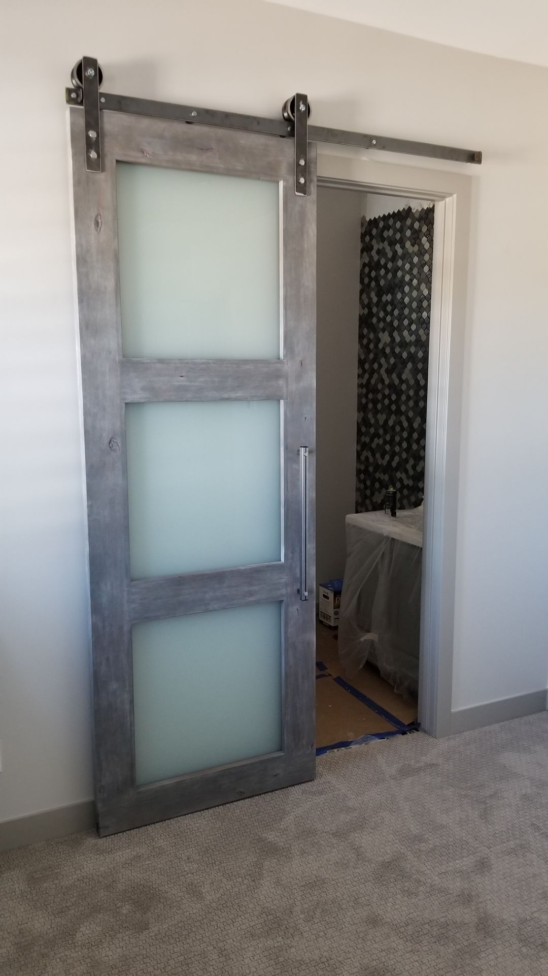 Sliding barn door with frosted privacy glass by BDS | Frosted glass ...