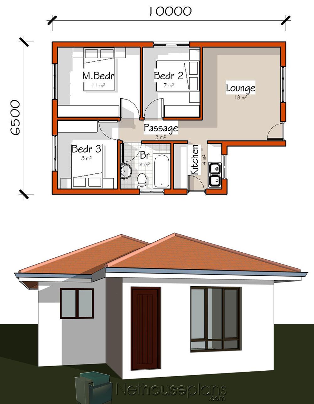 3 Room House Plan, Small Cottage House Plans, Three Bedroom House Plan ...