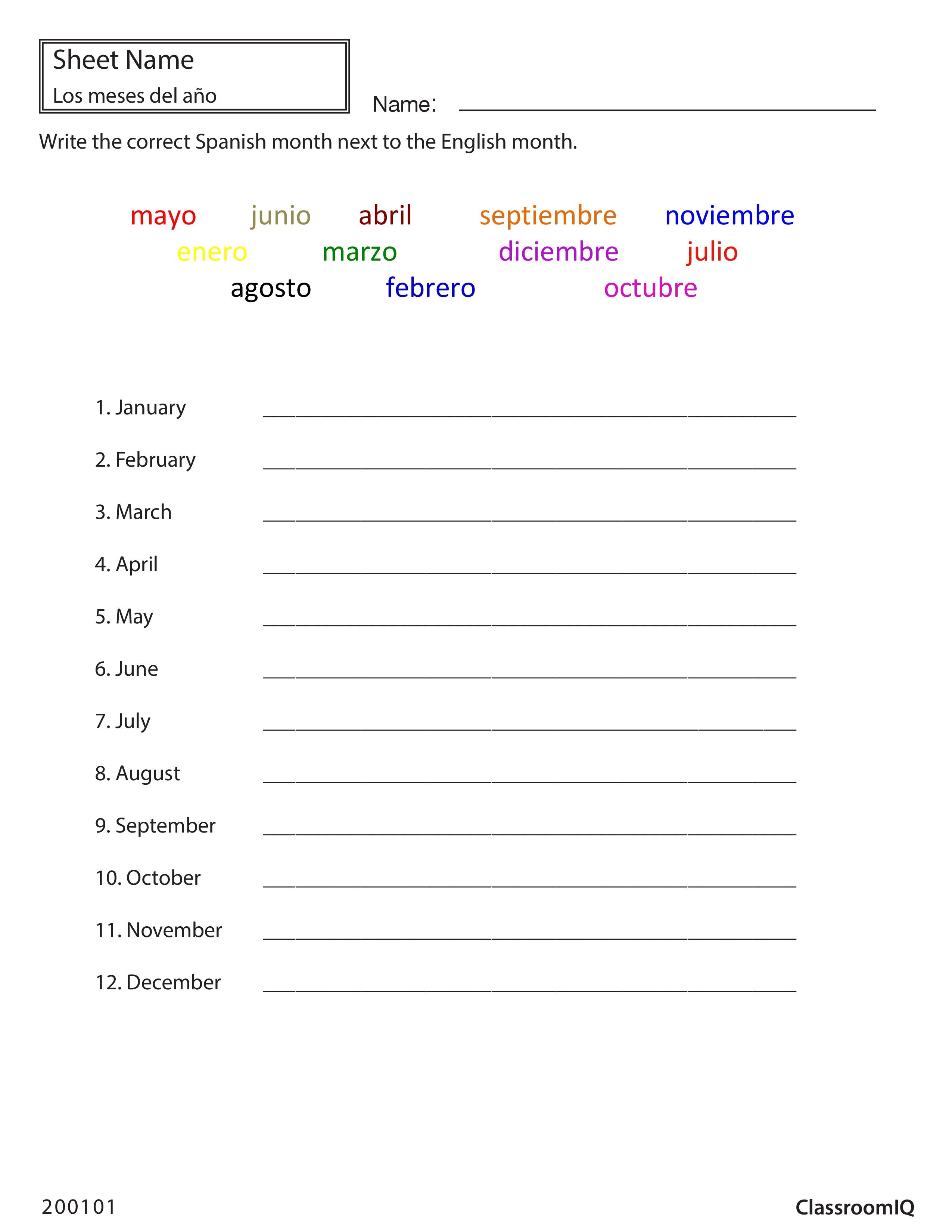 Spanish Months worksheet from ClassroomIQ Spanish worksheets