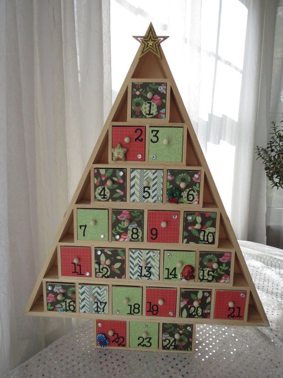 Christmas Tree Advent Calendar - Wooden Drawers - Birds and Wreaths ...