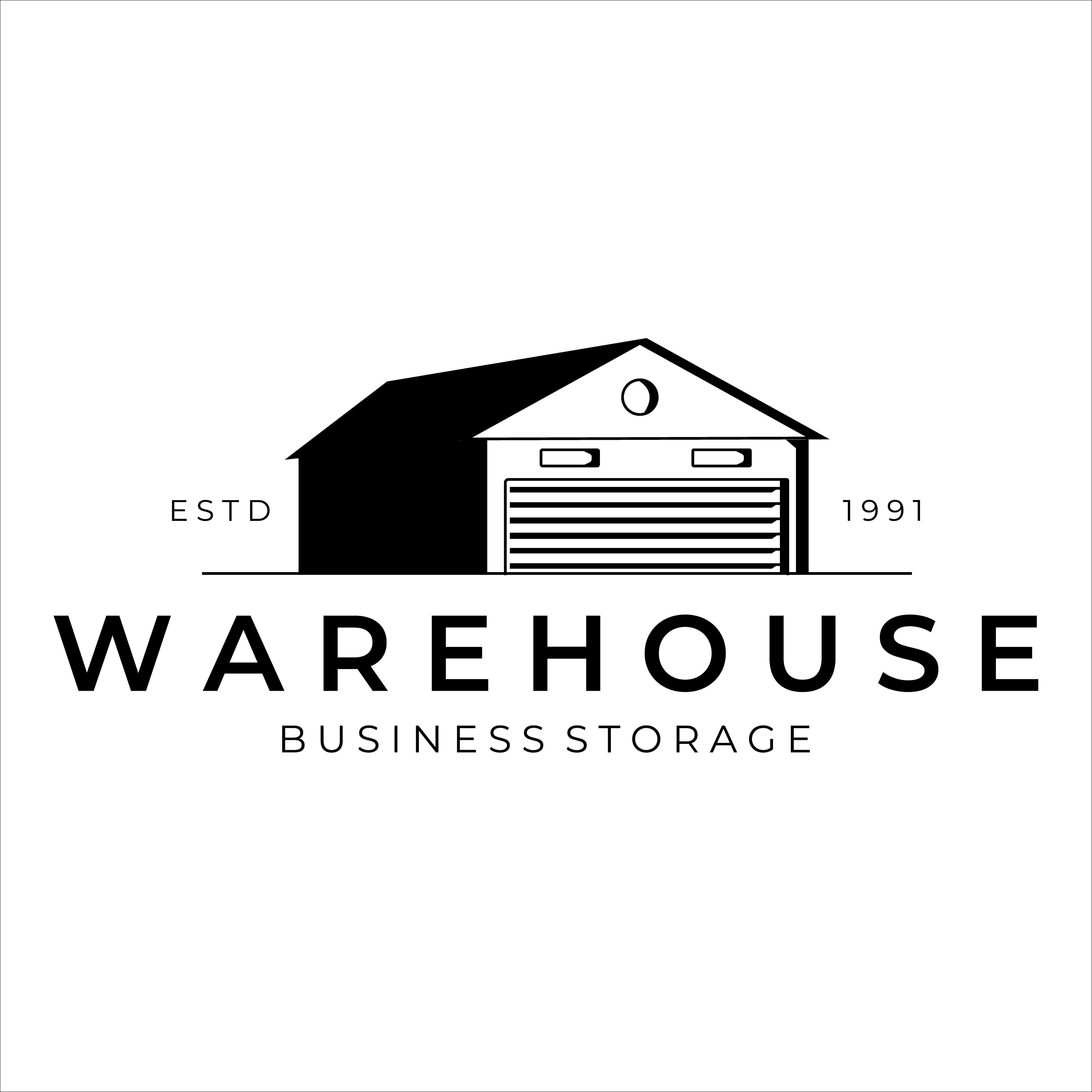 the warehouse logo is black and white, with an image of a garage on it