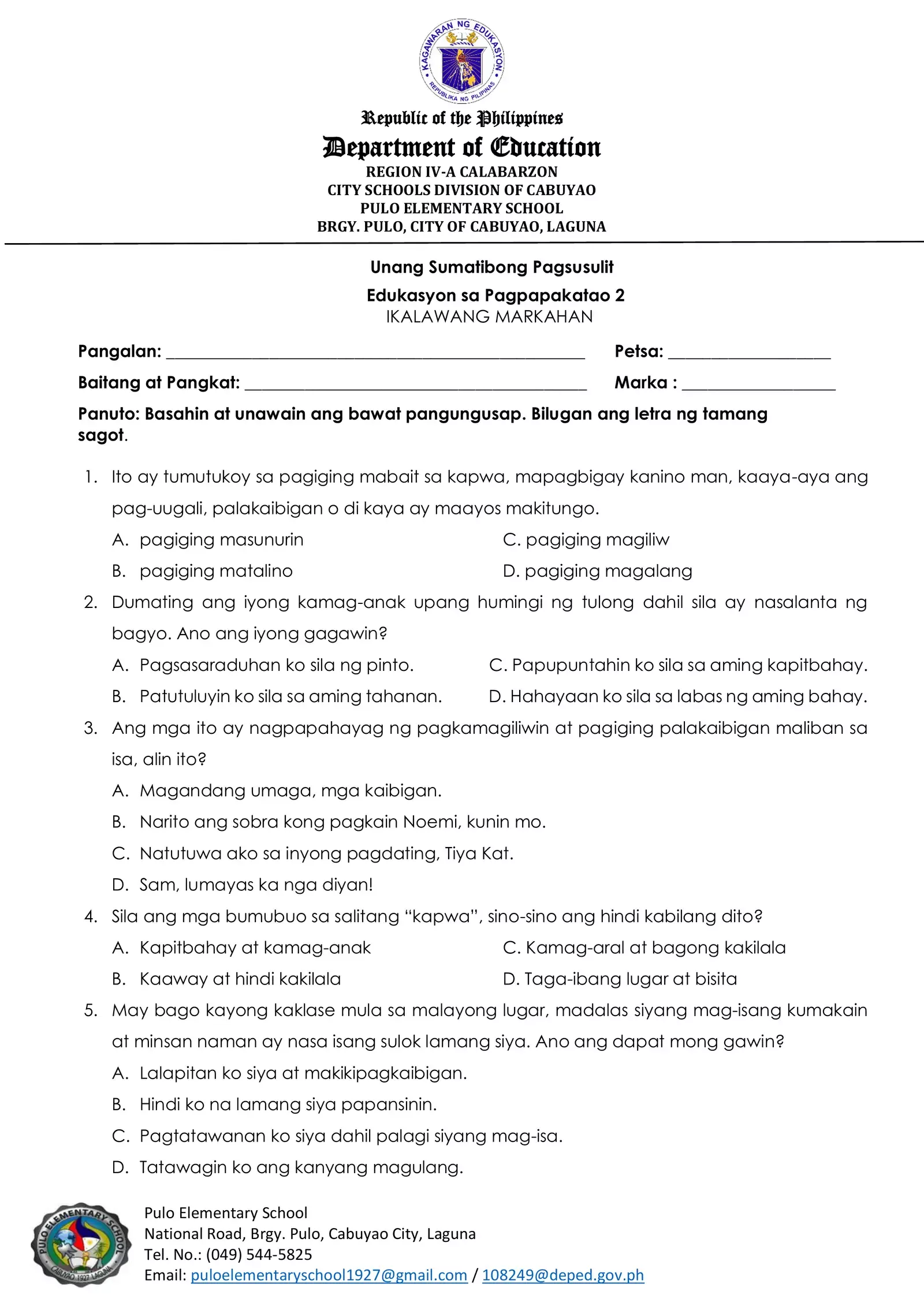 ESP 1st Summative Test Q2 | Summative test, Summative, Summative assessment