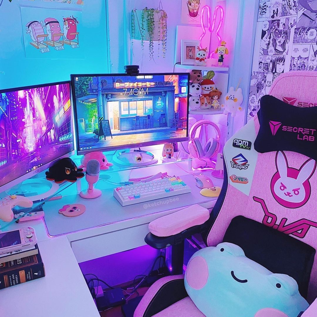 kawaii girls gaming setup | Video game room design, Gamer room decor ...