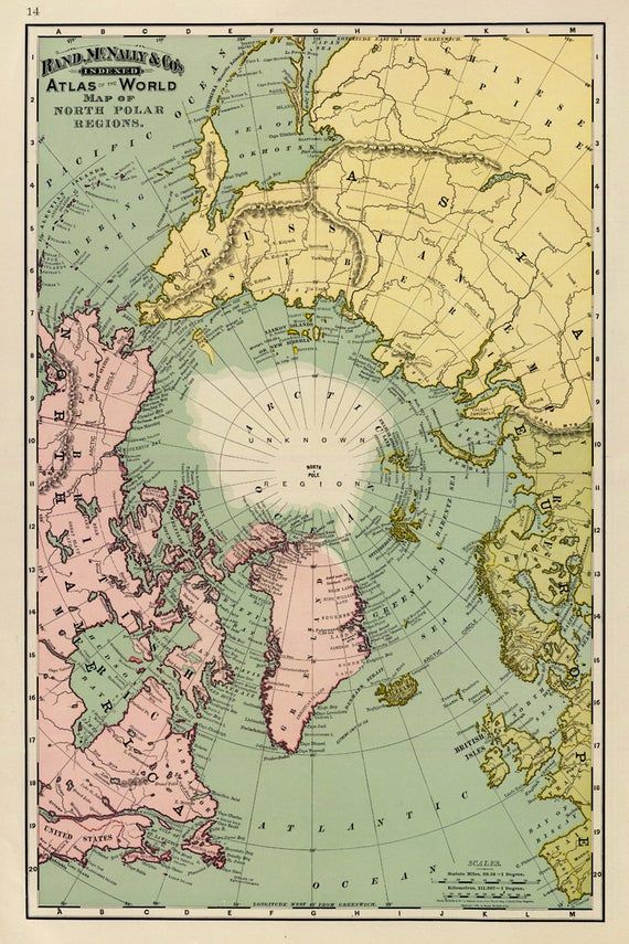 Map of North Pole regions - Arctica map fine print on paper or canvas ...