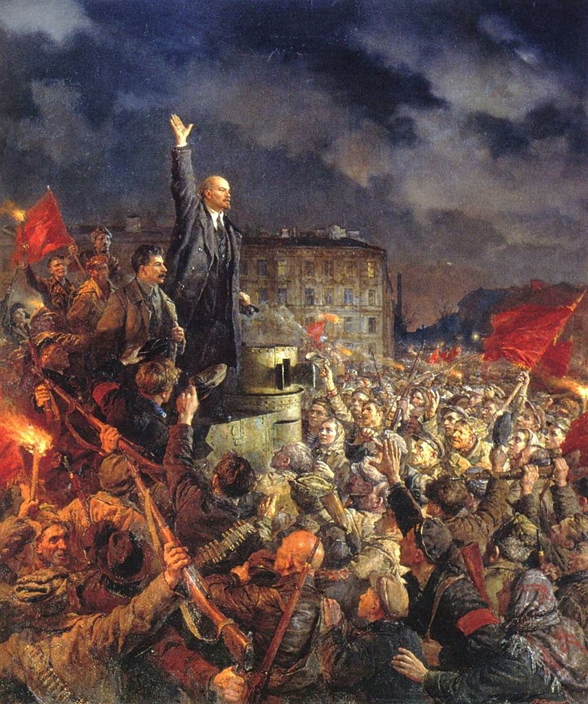 a painting of a man standing in front of a crowd with his arms raised up