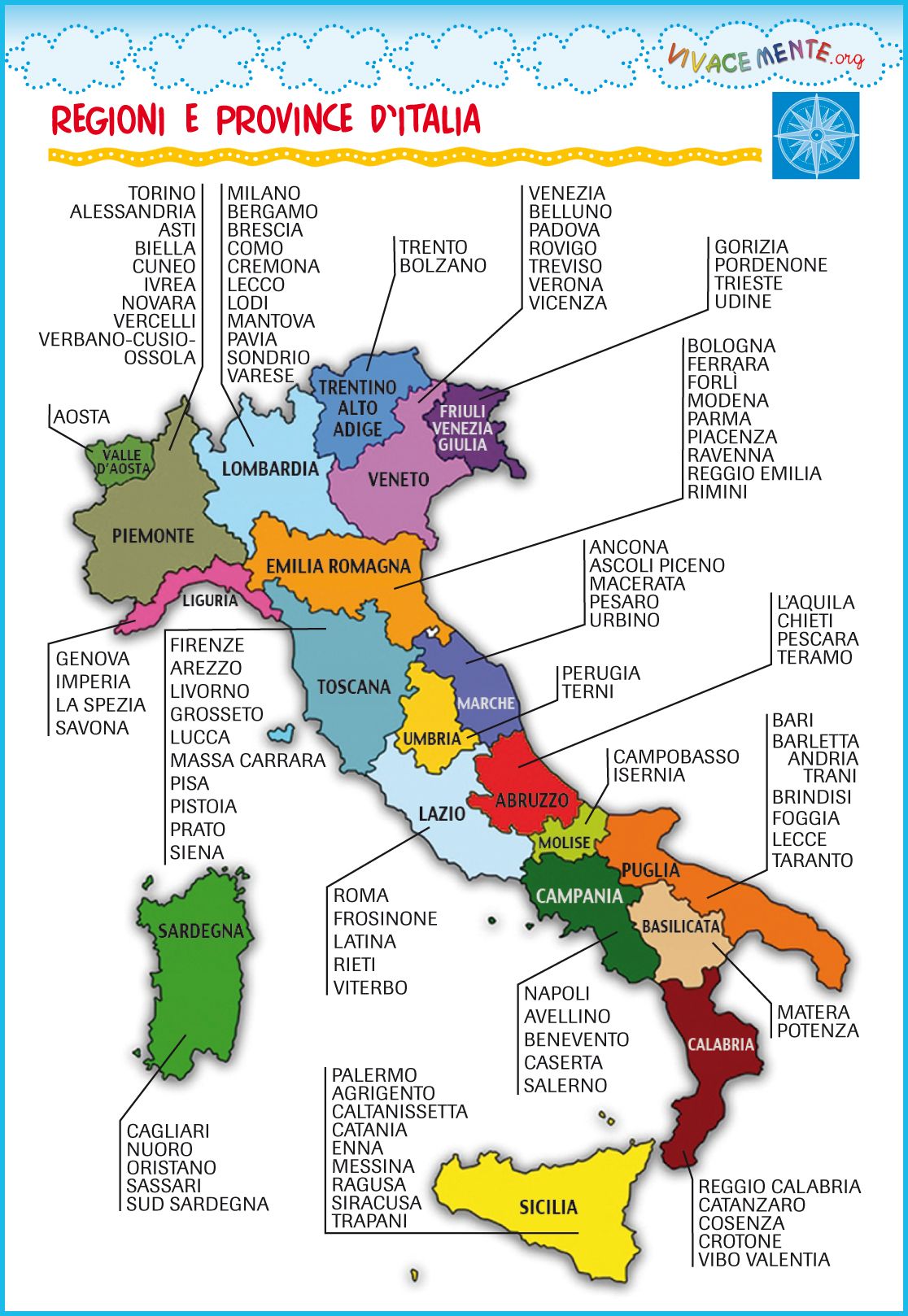 Cartina dell'Italia: regioni e province | Attività geografia, Mappa ...