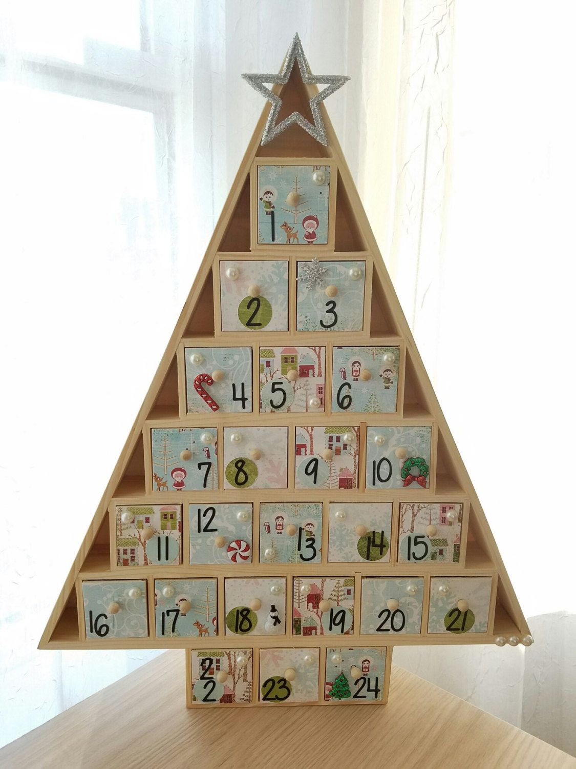 Christmas Tree Advent Calendar Wooden Drawers Santa's | Etsy ...