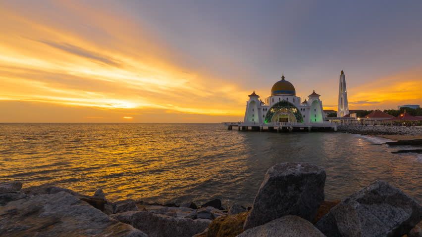 Sunset timelapse at Masjid Selat or Straits of Malacca Mosque, Malacca ...