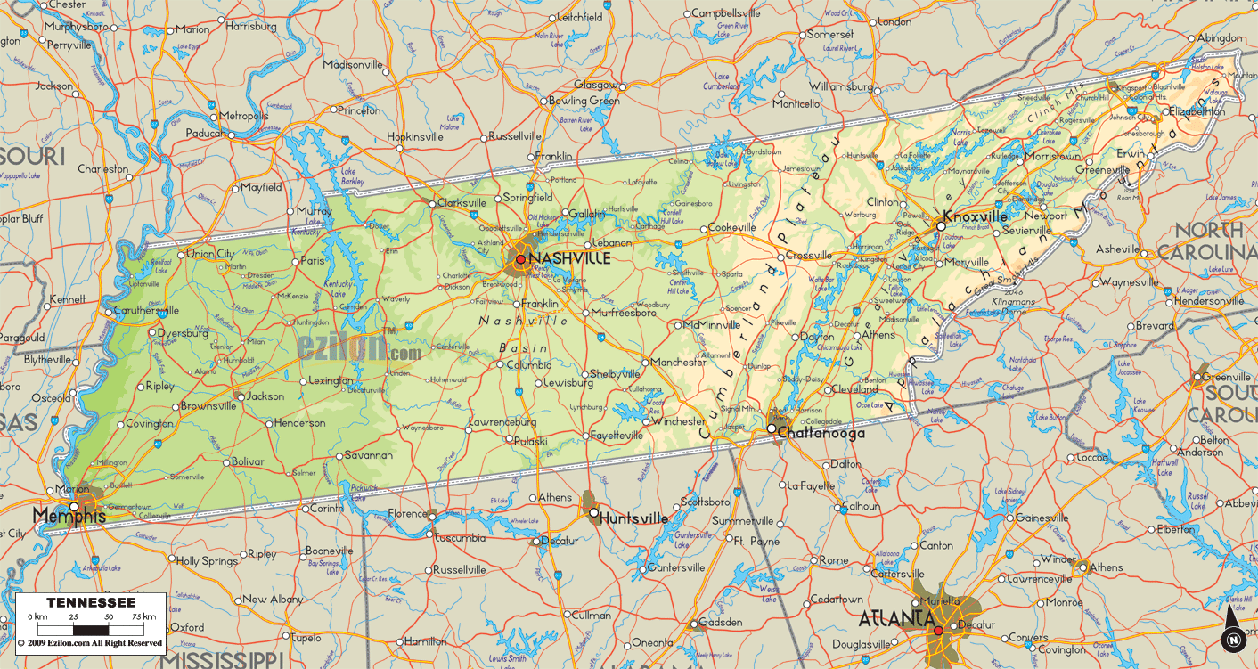 Physical Map of Tennessee | Tennessee map, Physical map, Us map